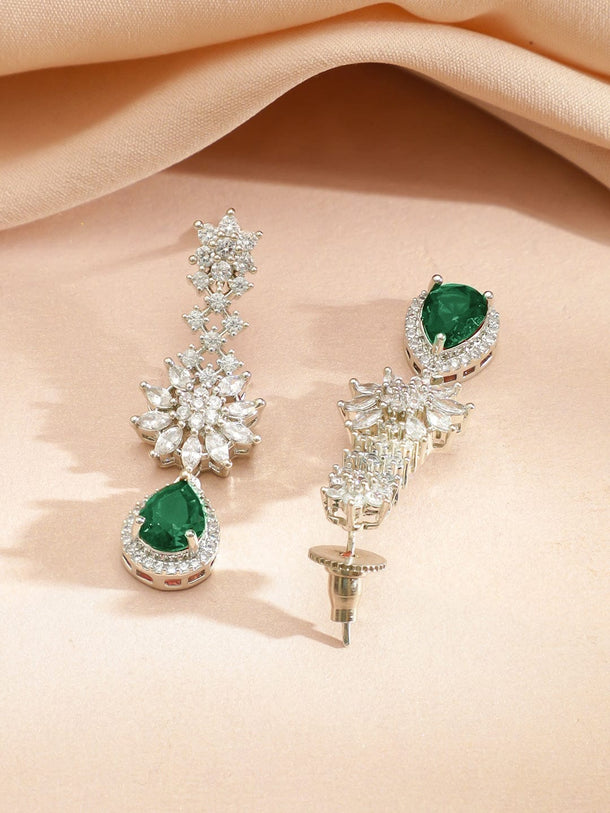 Rubans Rhodium-Plated Cubic Zirconia & Emerald Green Stone Studded Drop Necklace Set Jewellery Set