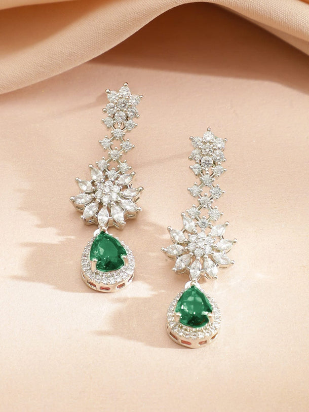 Rubans Rhodium-Plated Cubic Zirconia & Emerald Green Stone Studded Drop Necklace Set Jewellery Set