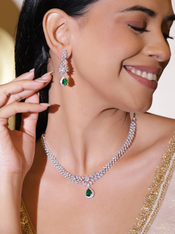 Rubans Rhodium-Plated Cubic Zirconia & Emerald Green Stone Studded Drop Necklace Set Jewellery Set
