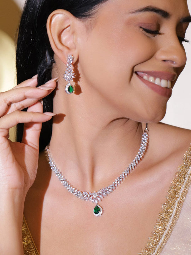 Rubans Rhodium-Plated Cubic Zirconia & Emerald Green Stone Studded Drop Necklace Set Jewellery Set