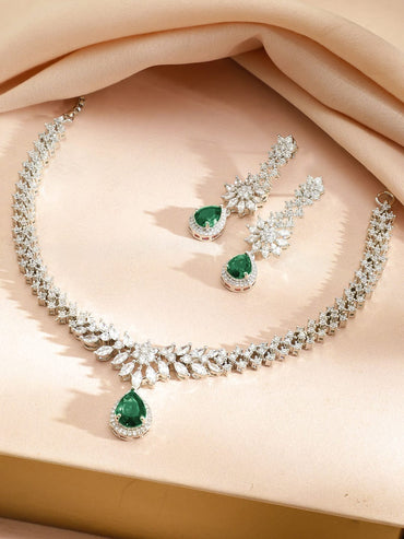 Rubans Rhodium-Plated Cubic Zirconia & Emerald Green Stone Studded Drop Necklace Set Necklace Set