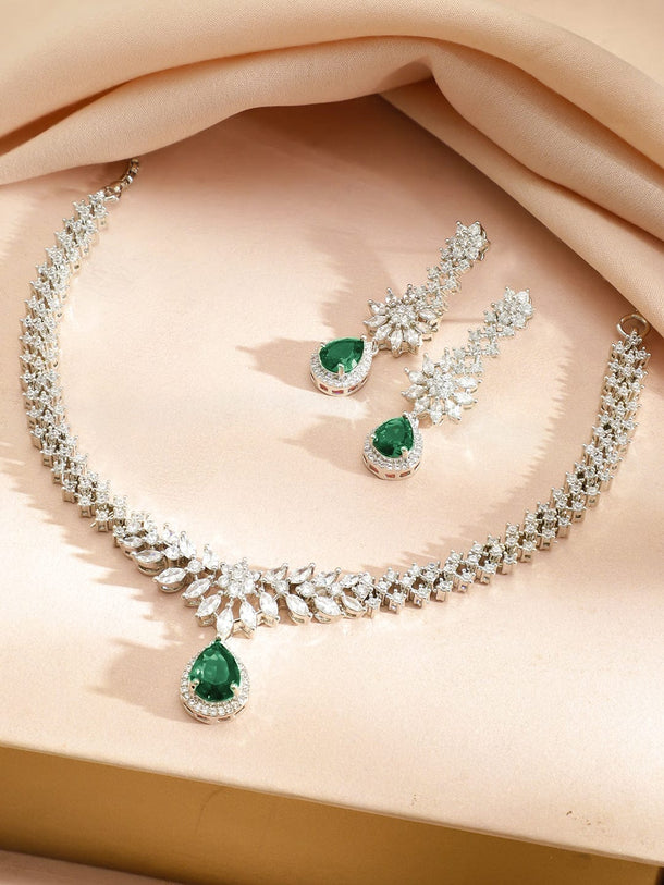 Rubans Rhodium-Plated Cubic Zirconia & Emerald Green Stone Studded Drop Necklace Set Necklace Set