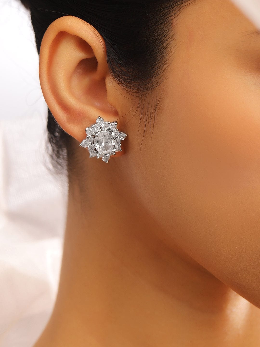 Rubans Rhodium-Plated Cubic Zirconia Floral Cluster Stud â€“ Elegant Statement Jewelry Earrings