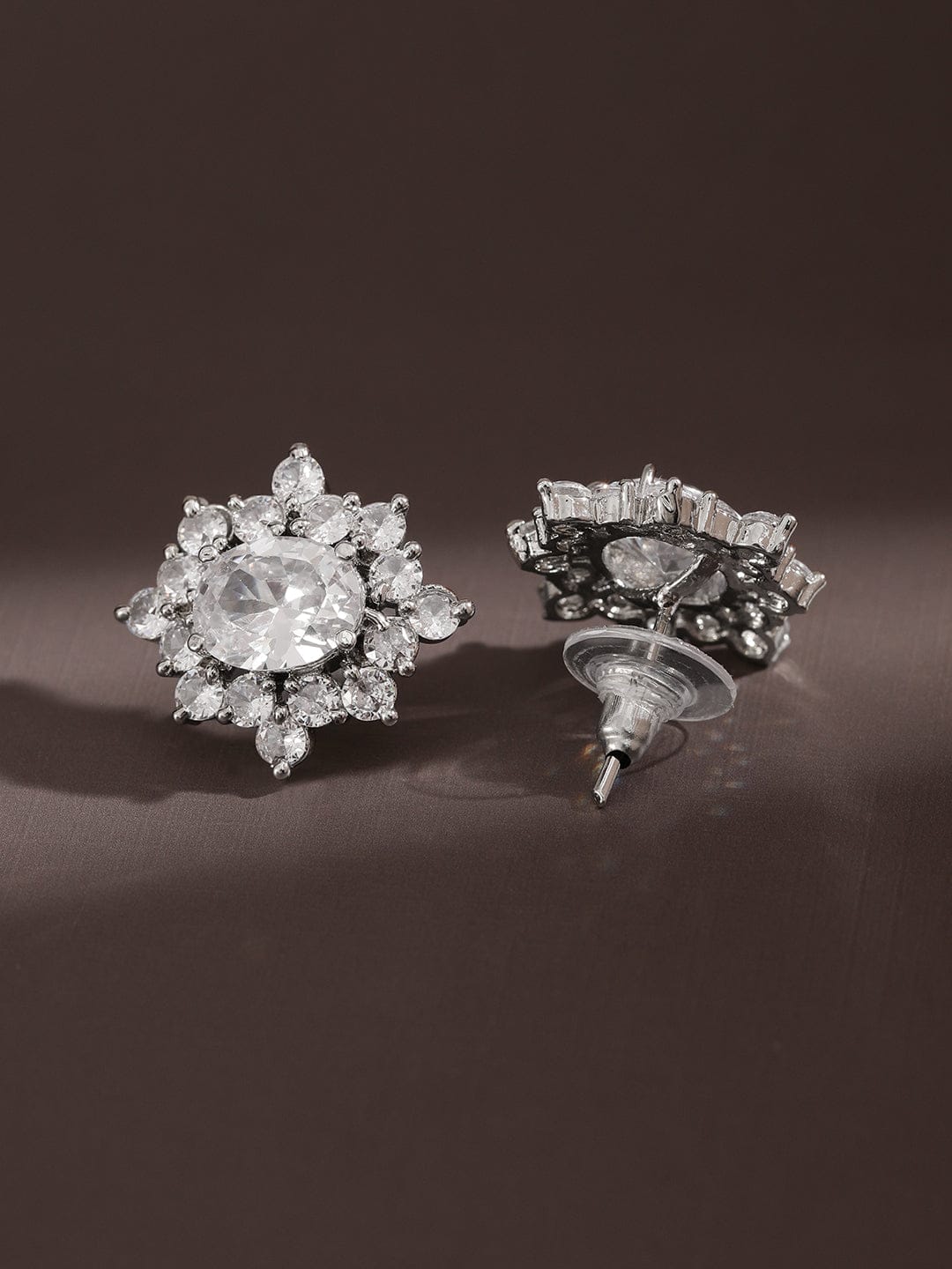 Rubans Rhodium-Plated Cubic Zirconia Floral Cluster Stud â€“ Elegant Statement Jewelry Earrings