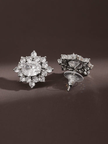 Rubans Rhodium-Plated Cubic Zirconia Floral Cluster Stud â€“ Elegant Statement Jewelry Earrings