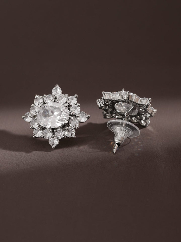 Rubans Rhodium-Plated Cubic Zirconia Floral Cluster Stud â€“ Elegant Statement Jewelry Earrings