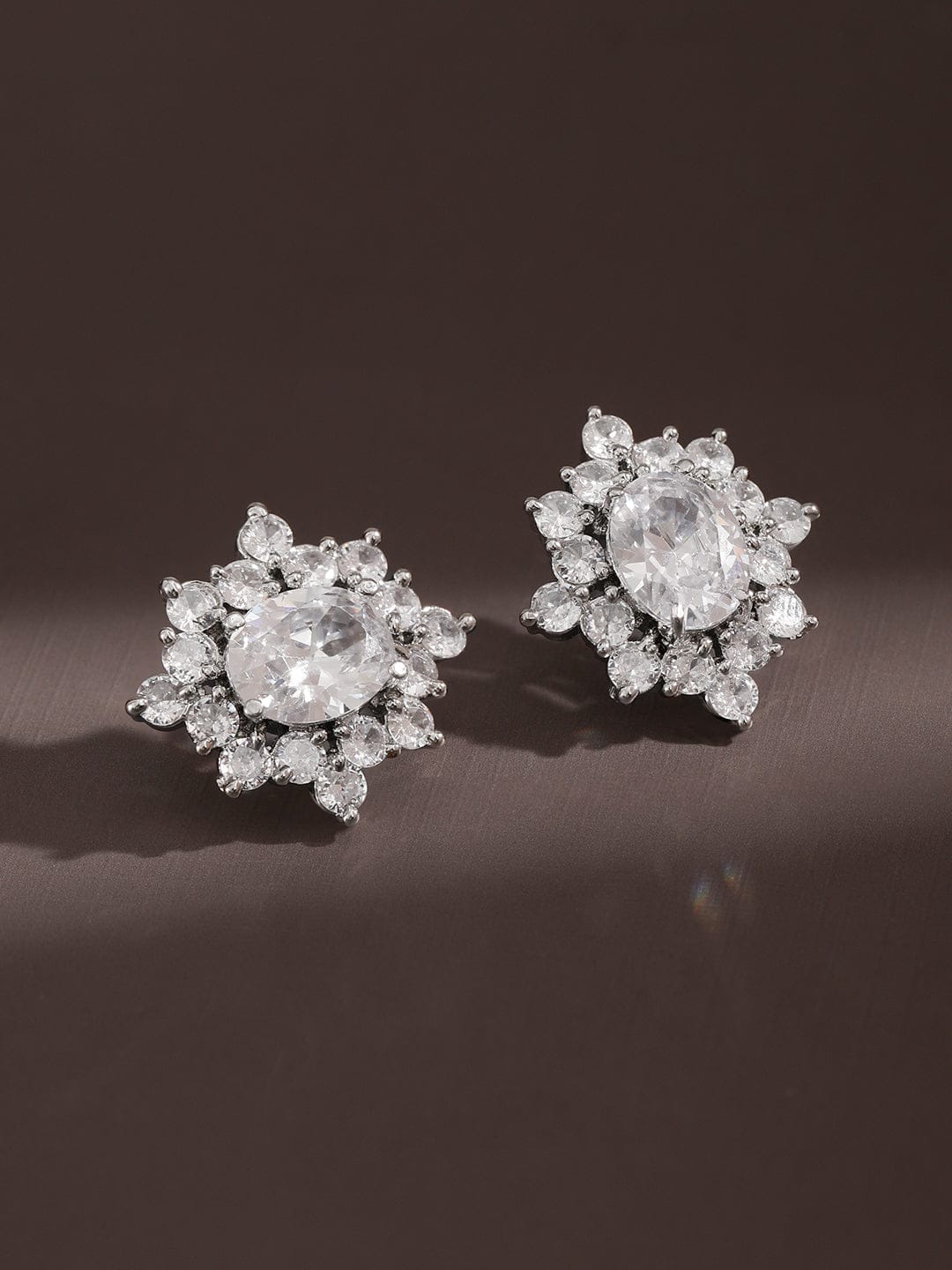 Rubans Rhodium-Plated Cubic Zirconia Floral Cluster Stud â€“ Elegant Statement Jewelry Earrings