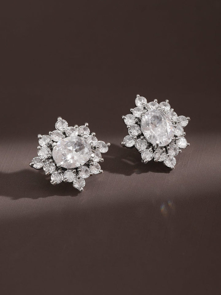 Rubans Rhodium-Plated Cubic Zirconia Floral Cluster Stud â€“ Elegant Statement Jewelry Earrings