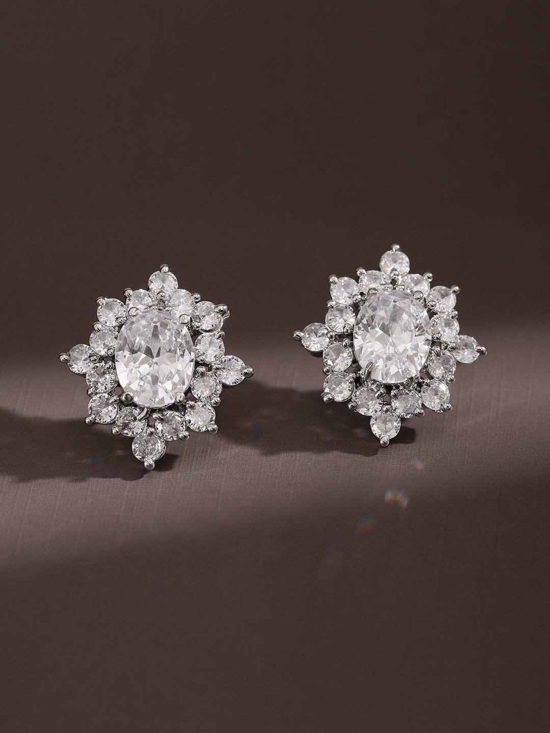 Rubans Rhodium-Plated Cubic Zirconia Floral Cluster Stud â€“ Elegant Statement Jewelry Earrings