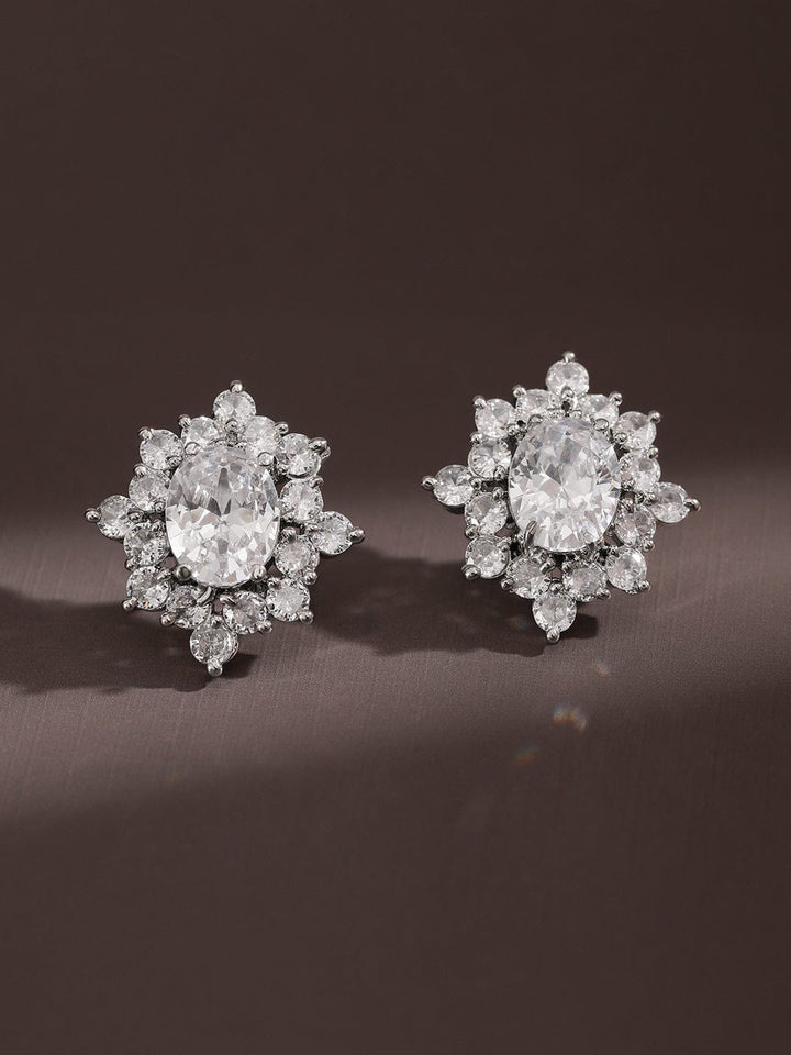 Rubans Rhodium-Plated Cubic Zirconia Floral Cluster Stud â€“ Elegant Statement Jewelry Earrings