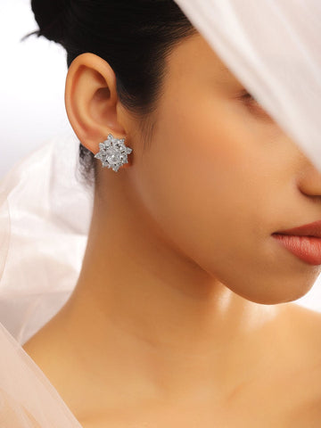 Rubans Rhodium-Plated Cubic Zirconia Floral Cluster Stud â€“ Elegant Statement Jewelry Stud Earrings