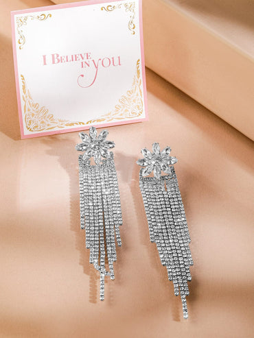 Rubans Rhodium-Plated Cubic Zirconia Floral Dangle Earrings Earrings