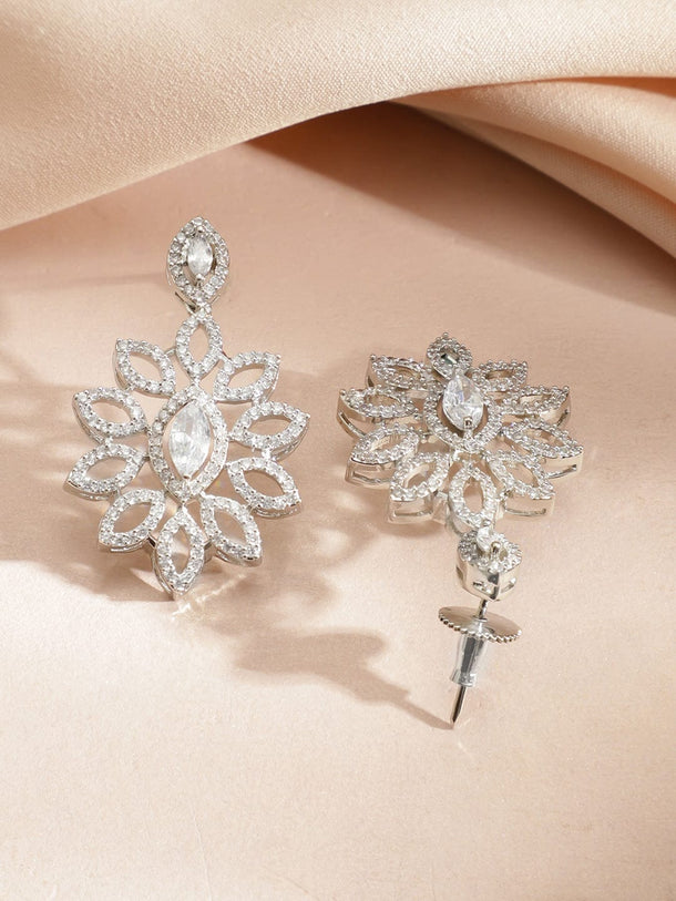 Rubans Rhodium-Plated Cubic Zirconia Floral Design Classic Necklace Set with Earrings Jewellery Set