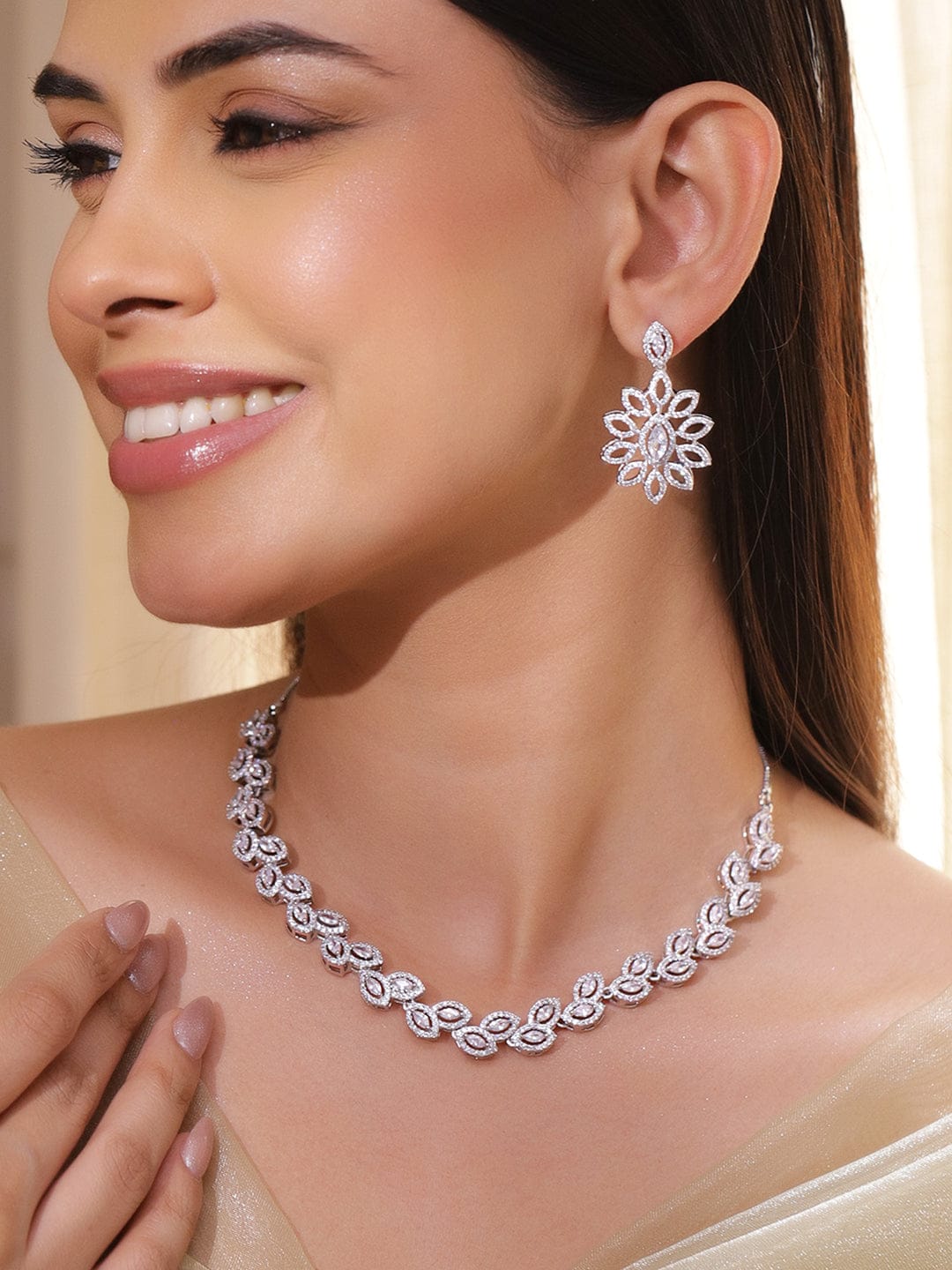 Rubans Rhodium-Plated Cubic Zirconia Floral Design Classic Necklace Set with Earrings Jewellery Set