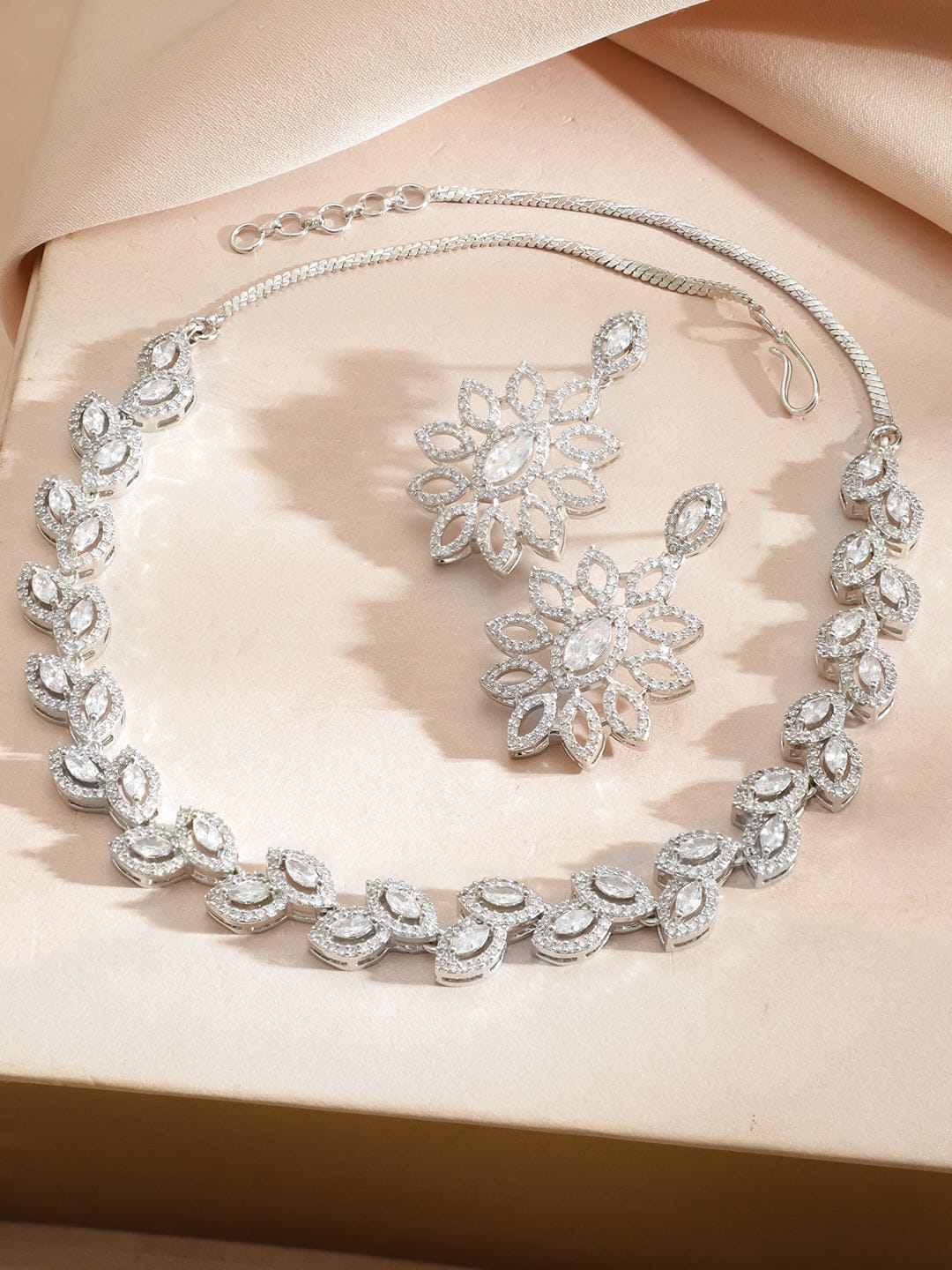 Rubans Rhodium-Plated Cubic Zirconia Floral Design Classic Necklace Set with Earrings Jewellery Set