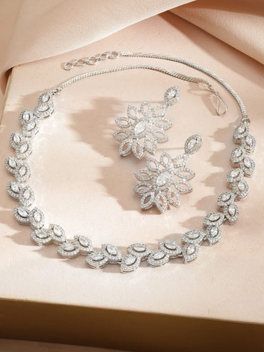 Rubans Rhodium-Plated Cubic Zirconia Floral Design Classic Necklace Set with Earrings Jewellery Set