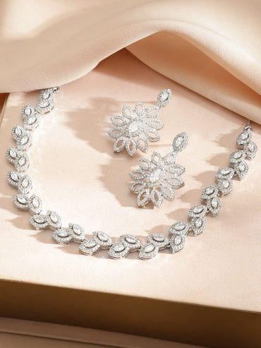 Rubans Rhodium-Plated Cubic Zirconia Floral Design Classic Necklace Set with Earrings Jewellery Set