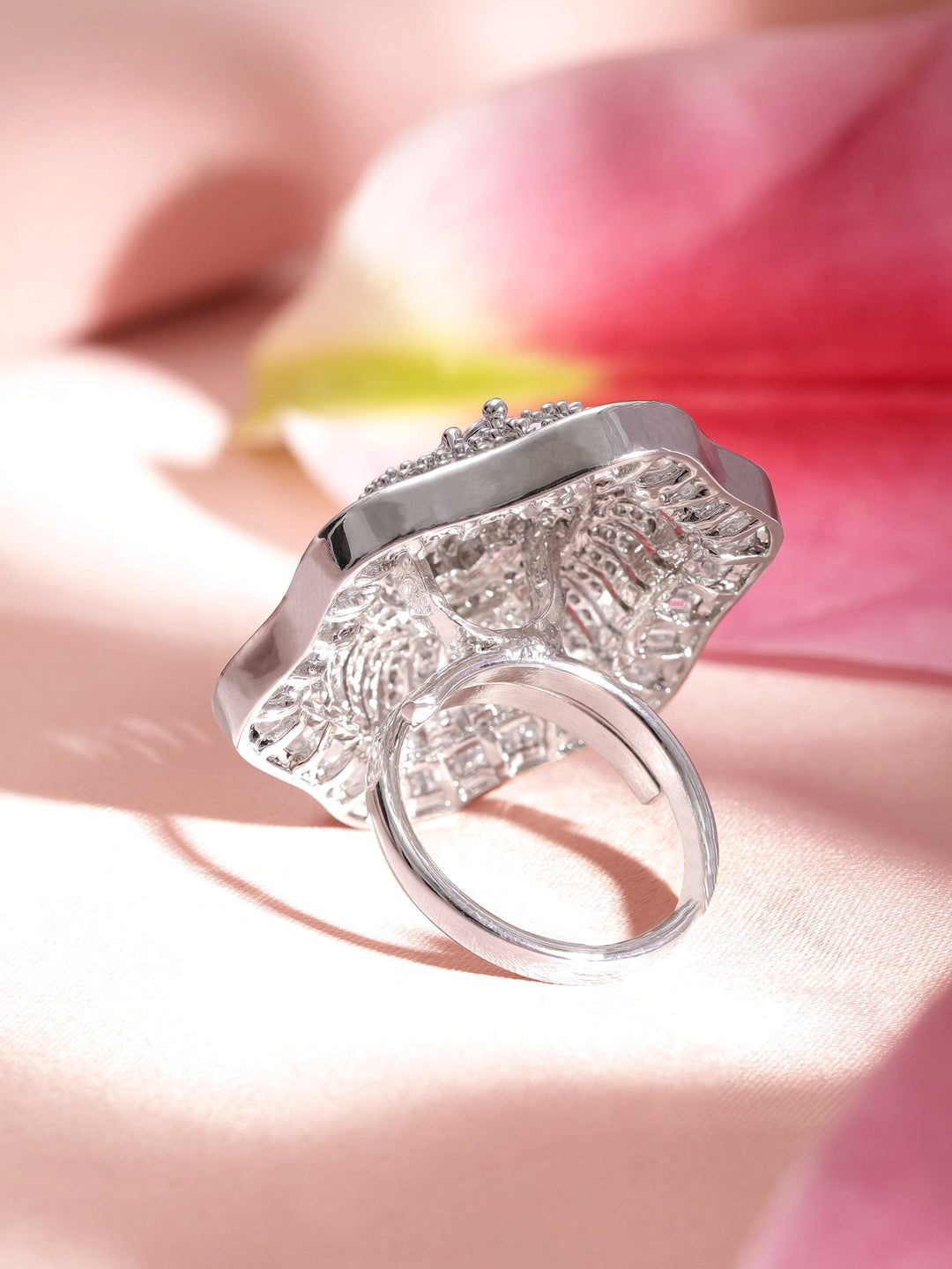 Rubans Rhodium-Plated Cubic Zirconia Floral Shaped Statement Adjustable ring Ring
