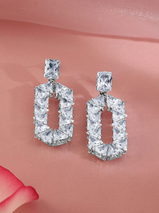 Rubans Rhodium Plated Cubic Zirconia Geometric Drop Earrings Earrings