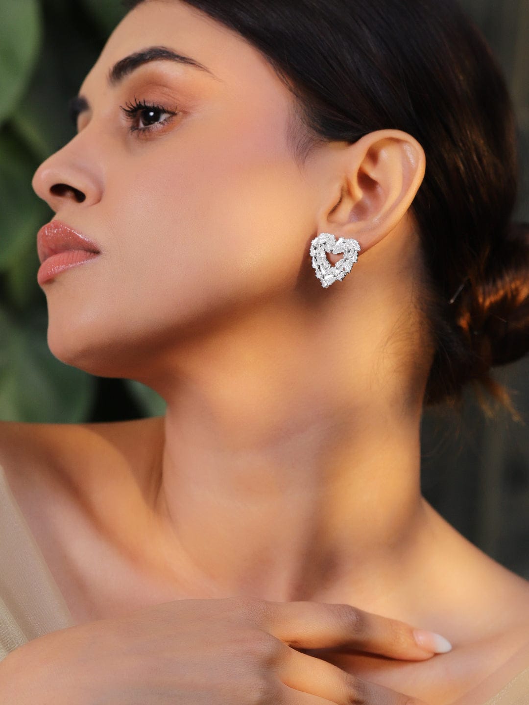 Rubans Rhodium Plated Cubic Zirconia Heart Shape Stud Earrings Earrings