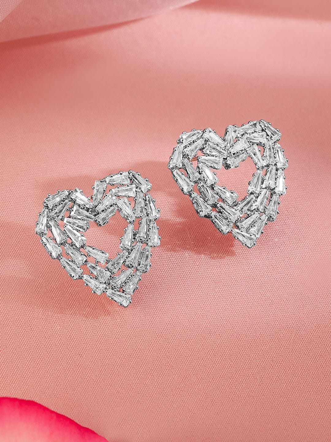 Rubans Rhodium Plated Cubic Zirconia Heart Shape Stud Earrings Earrings