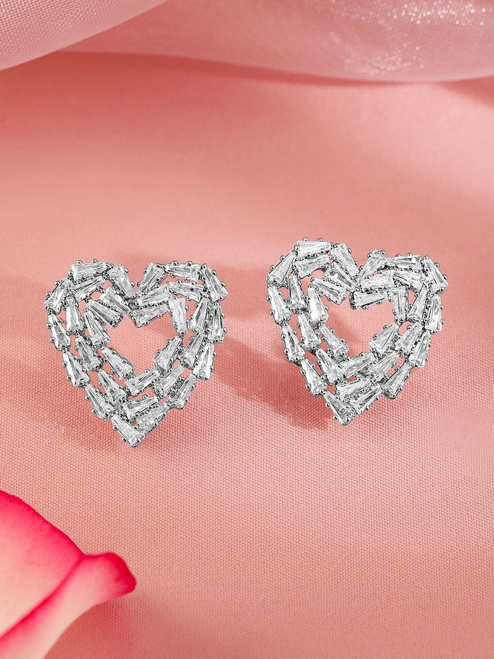 Rubans Rhodium Plated Cubic Zirconia Heart Shape Stud Earrings Earrings