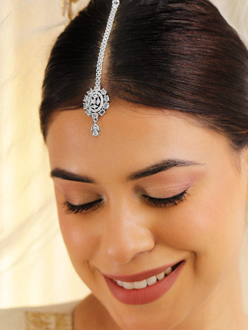 Rubans Rhodium-Plated Cubic Zirconia Maang Tikka Head Jewellery