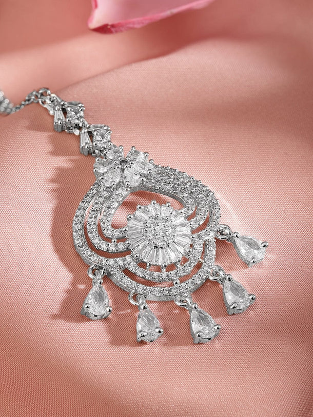 Rubans Rhodium Plated Cubic Zirconia Maang Tikka Head Jewellery