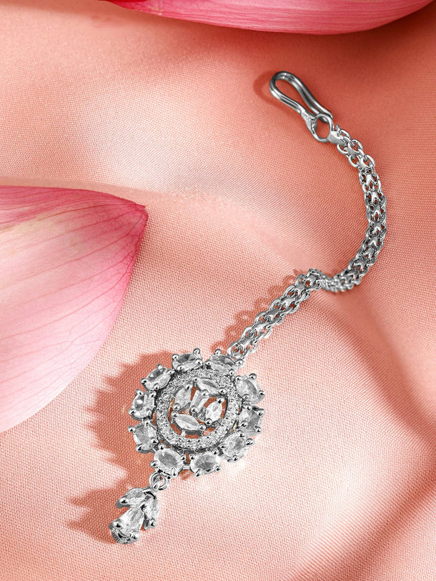 Rubans Rhodium-Plated Cubic Zirconia Maang Tikka Head Jewellery