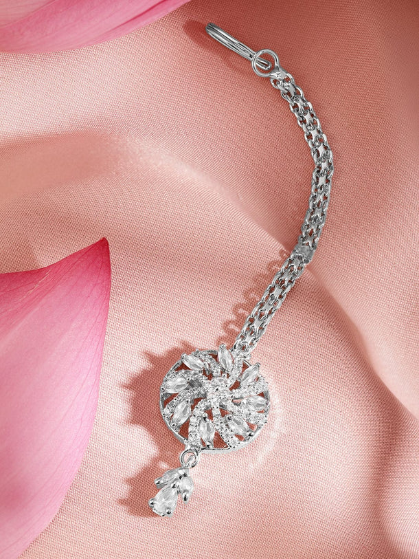 Rubans Rhodium-Plated Cubic Zirconia Maang Tikka Head Jewellery