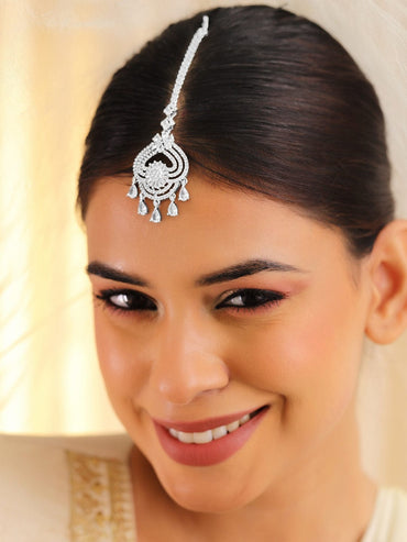 Rubans Rhodium Plated Cubic Zirconia Maang Tikka Maang Tikka