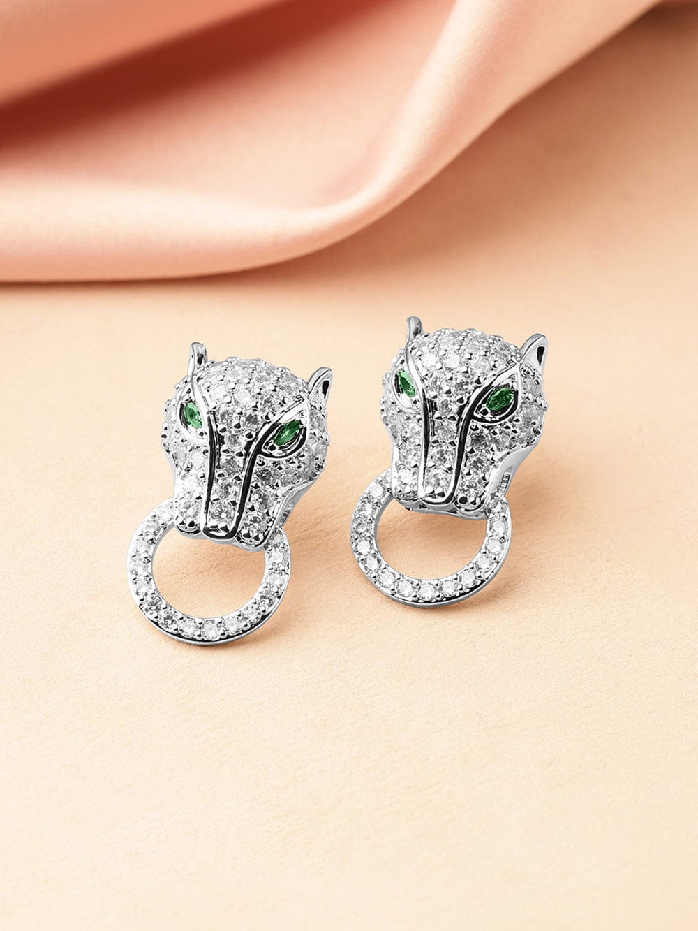 Rubans Rhodium-Plated Cubic Zirconia Panther Design Stud Earrings with Emerald Accents Earrings