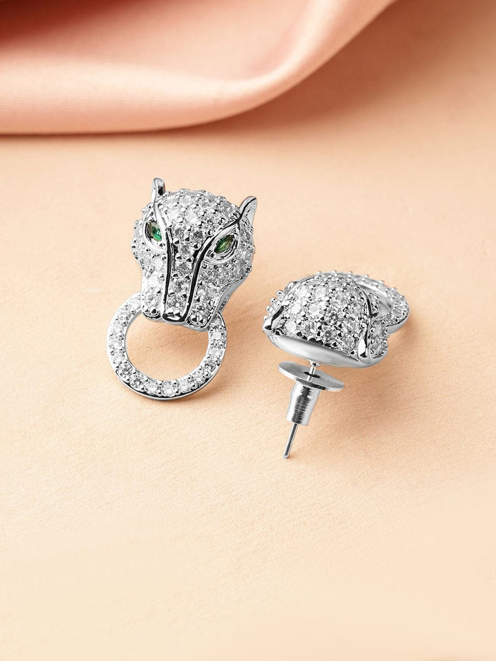 Rubans Rhodium-Plated Cubic Zirconia Panther Design Stud Earrings with Emerald Accents Earrings