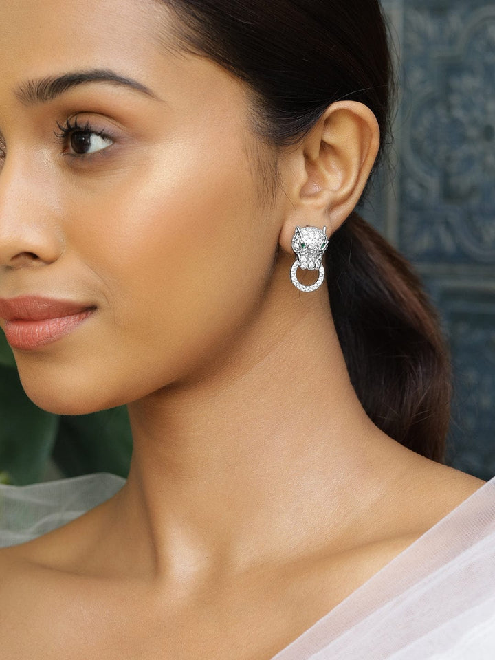Rubans Rhodium-Plated Cubic Zirconia Panther Design Stud Earrings with Emerald Accents Earrings
