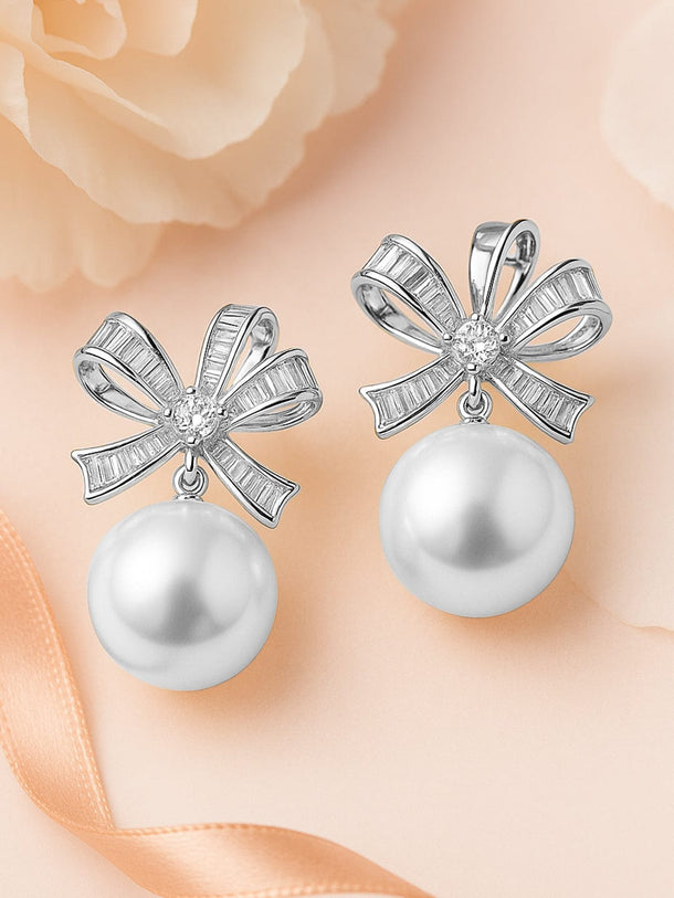 Rubans Rhodium-Plated Cubic Zirconia & Pearl Bow Design Stud Earrings Earrings