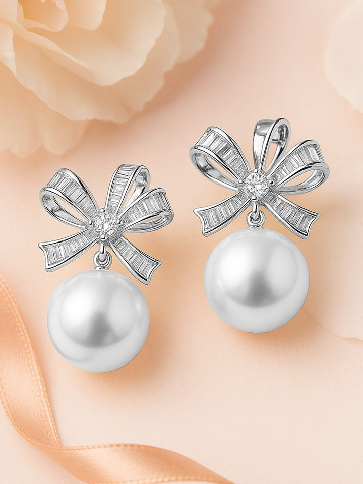 Rubans Rhodium-Plated Cubic Zirconia & Pearl Bow Design Stud Earrings Earrings
