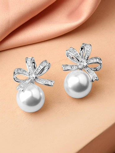 Rubans Rhodium-Plated Cubic Zirconia & Pearl Bow Design Stud Earrings Earrings