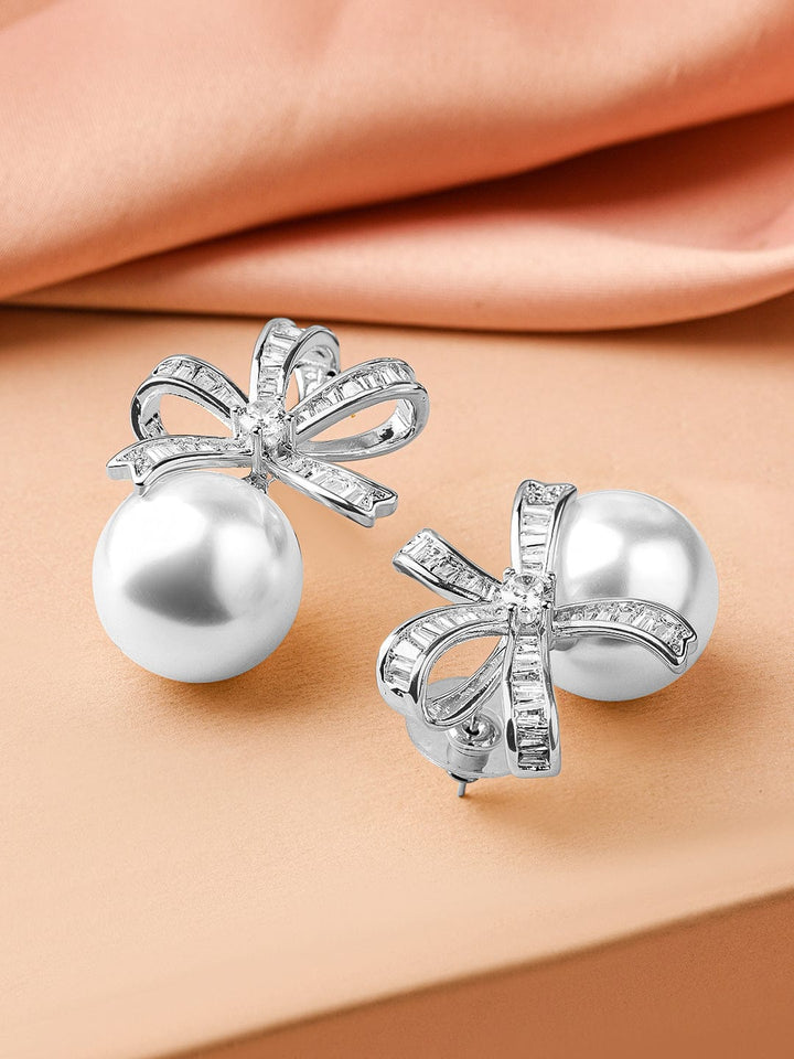 Rubans Rhodium-Plated Cubic Zirconia & Pearl Bow Design Stud Earrings Earrings