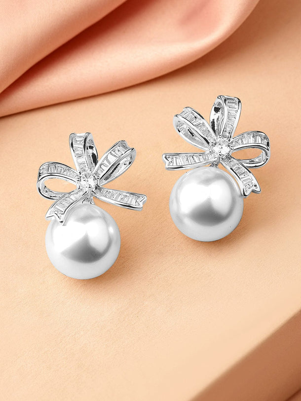 Rubans Rhodium-Plated Cubic Zirconia & Pearl Bow Design Stud Earrings Earrings