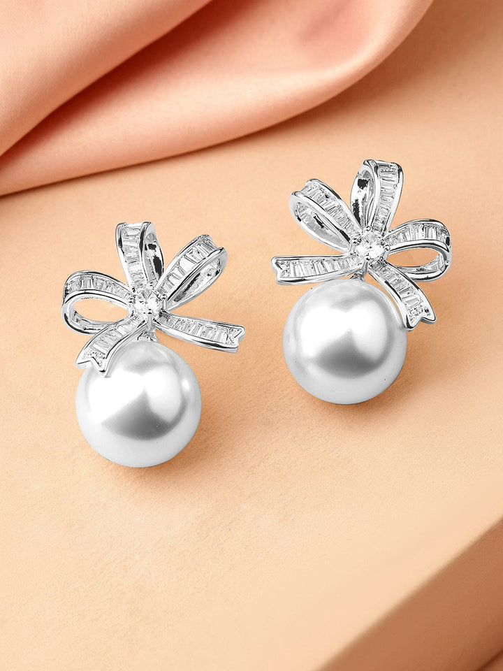 Rubans Rhodium-Plated Cubic Zirconia & Pearl Bow Design Stud Earrings Earrings