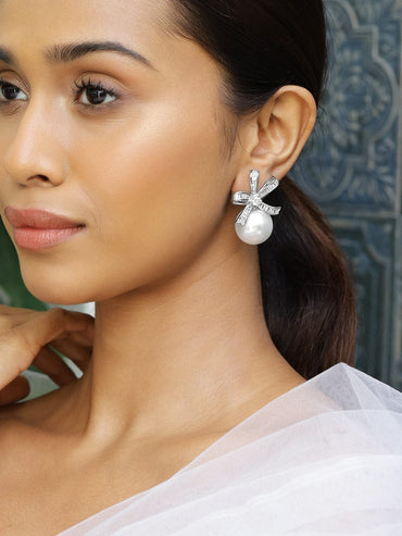 Rubans Rhodium-Plated Cubic Zirconia & Pearl Bow Design Stud Earrings Earrings