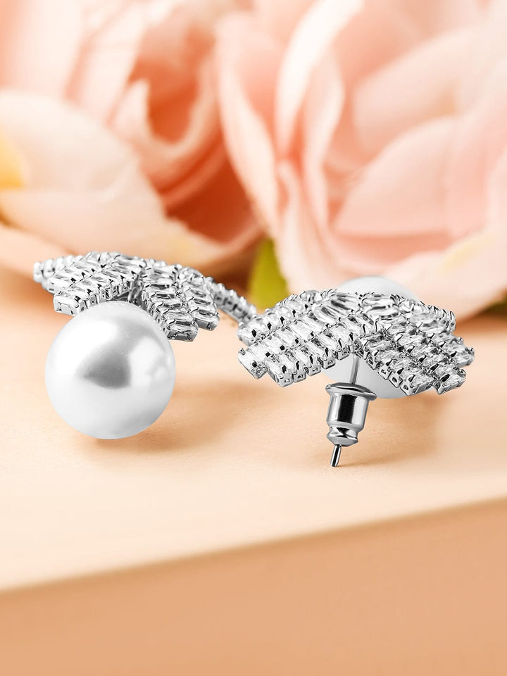 Rubans Rhodium-Plated Cubic Zirconia & Pearl Drop Earrings Earrings