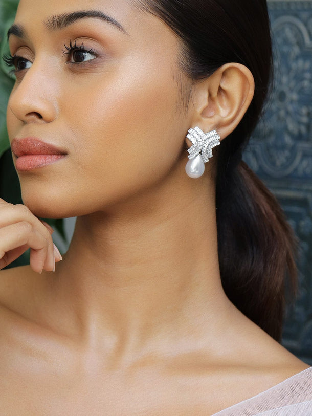 Rubans Rhodium-Plated Cubic Zirconia & Pearl Drop Earrings Earrings