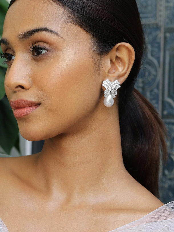 Rubans Rhodium-Plated Cubic Zirconia & Pearl Drop Earrings Earrings