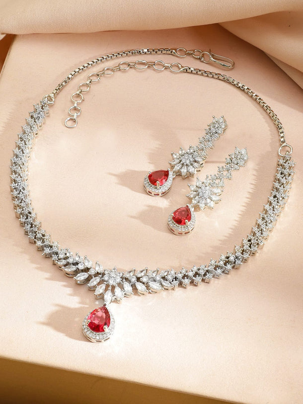 Rubans Rhodium-Plated Cubic Zirconia & Ruby Red Stone Studded Drop Necklace Set Jewellery Set