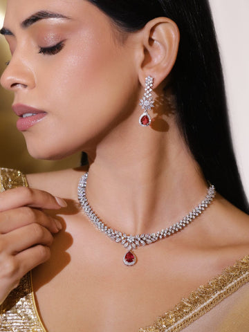 Rubans Rhodium-Plated Cubic Zirconia & Ruby Red Stone Studded Drop Necklace Set Necklace Set