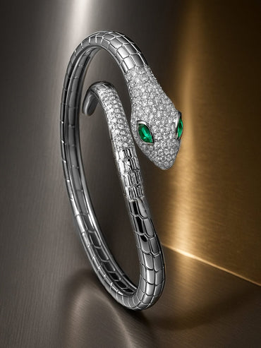 Rubans Rhodium-Plated Cubic Zirconia Snake-Inspired Openable Bracelet with Emerald Accents Bracelet