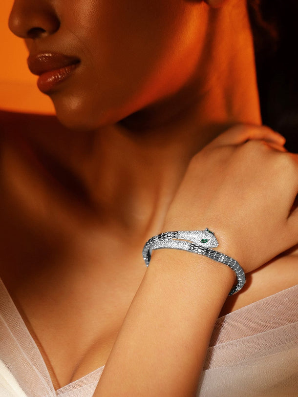 Rubans Rhodium-Plated Cubic Zirconia Snake-Inspired Openable Bracelet with Emerald Accents Wristwear