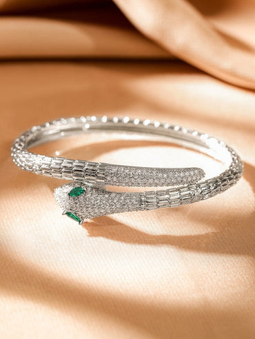 Rubans Rhodium-Plated Cubic Zirconia Snake-Inspired Openable Bracelet with Emerald Accents Wristwear