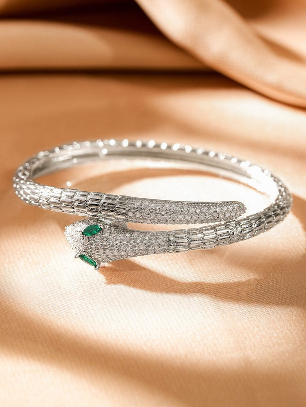 Rubans Rhodium-Plated Cubic Zirconia Snake-Inspired Openable Bracelet with Emerald Accents Wristwear